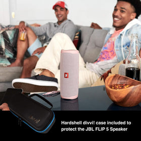 JBL Flip 5 blue speaker side profile, compact and portable.