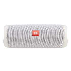 JBL Flip 5 in white, compact design, ideal for travel and on-the-go listening.
