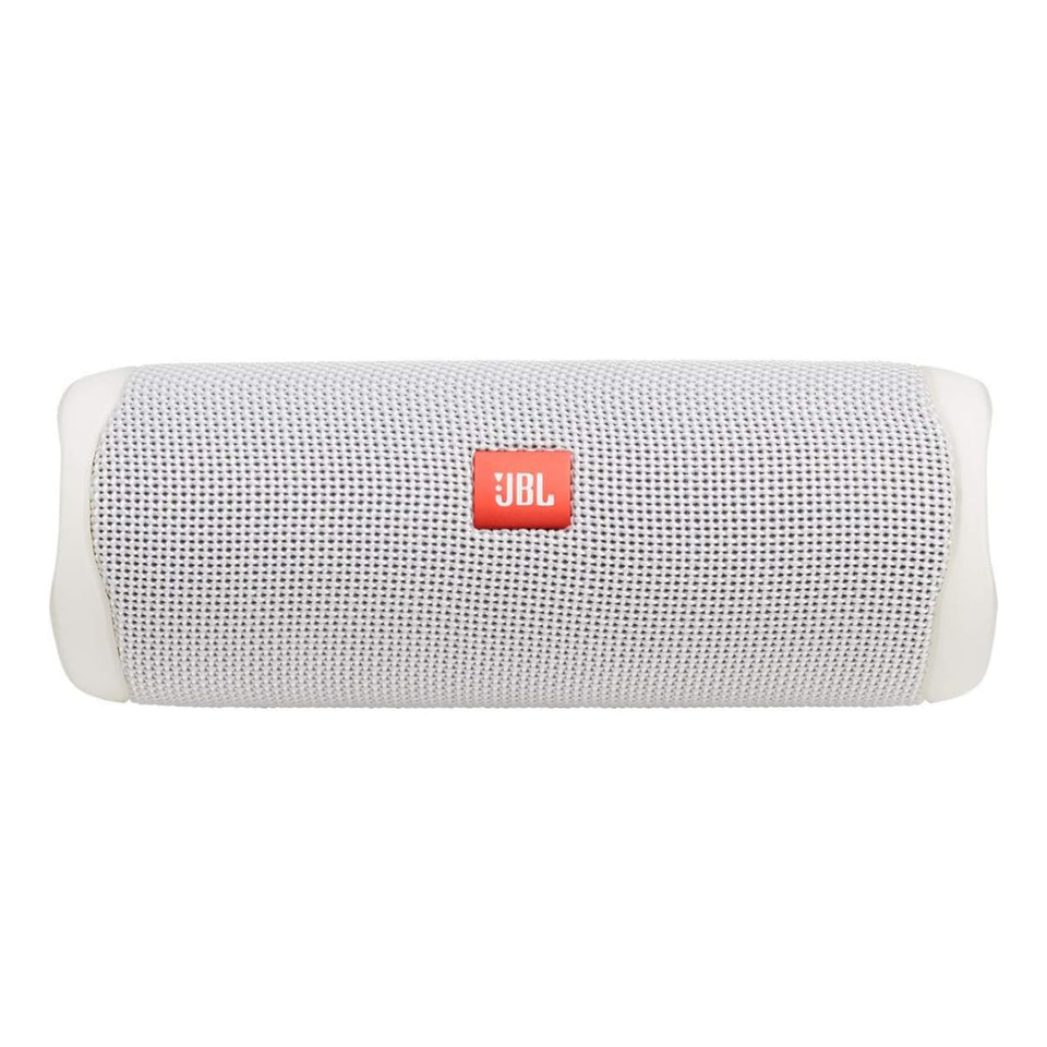JBL Flip 5 in white, compact design, ideal for travel and on-the-go listening.