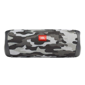 JBL Flip 5 portable waterproof Bluetooth speaker in black camo, ideal for outdoor adventures.