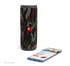 JBL Flip 5 Squad Renewed lifestyle shot with battery indicator.