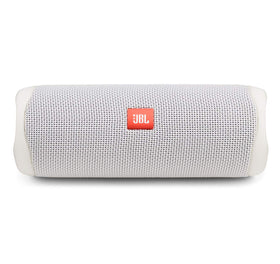 JBL Flip 5 white front view shows compact, portable design for on-the-go listening