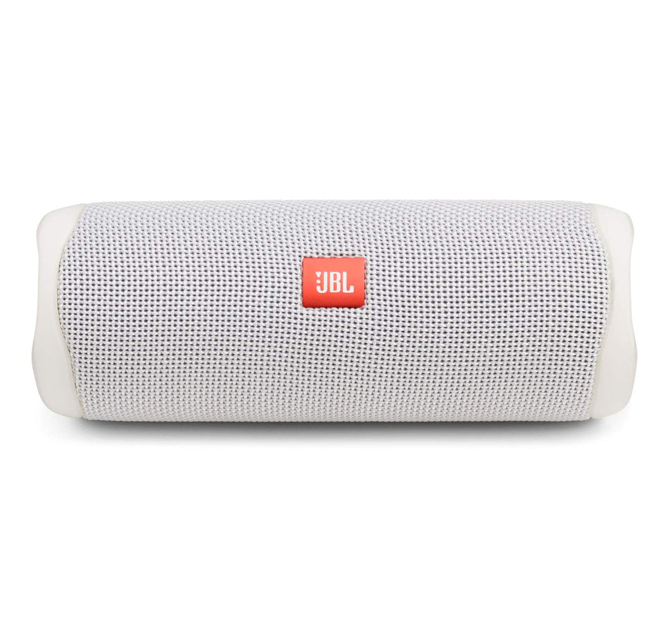 JBL Flip 5 white front view shows compact, portable design for on-the-go listening