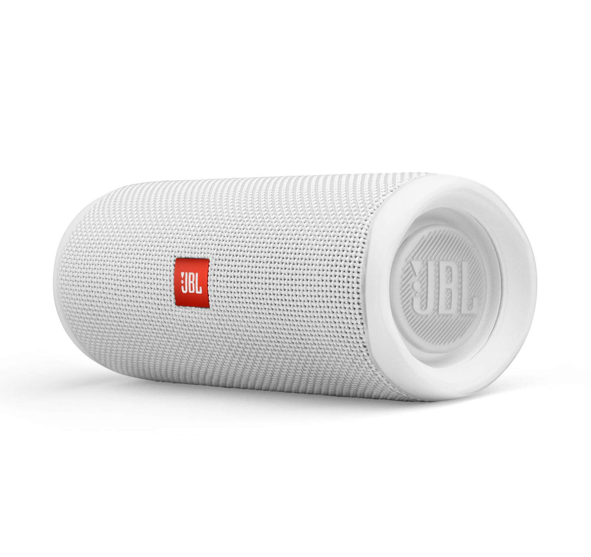 JBL Flip 5 white side profile emphasizes rugged portability for outdoor adventures