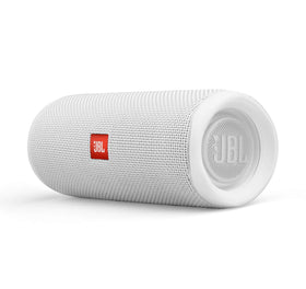 JBL Flip 5 white side profile emphasizes rugged portability for outdoor adventures