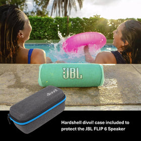 JBL Flip 6 Blue side view showing durable fabric and portable form factor.