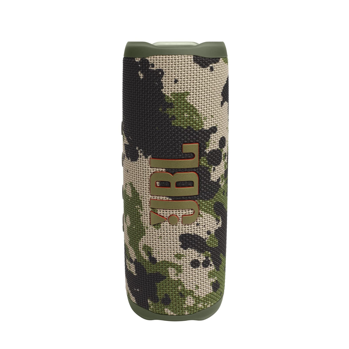 JBL Flip 6 camo front view showing rugged outdoor design for adventures.