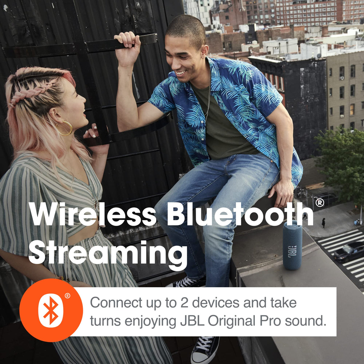 JBL Flip 6 Renewed White PartyBoost pairing, portable party-ready setup