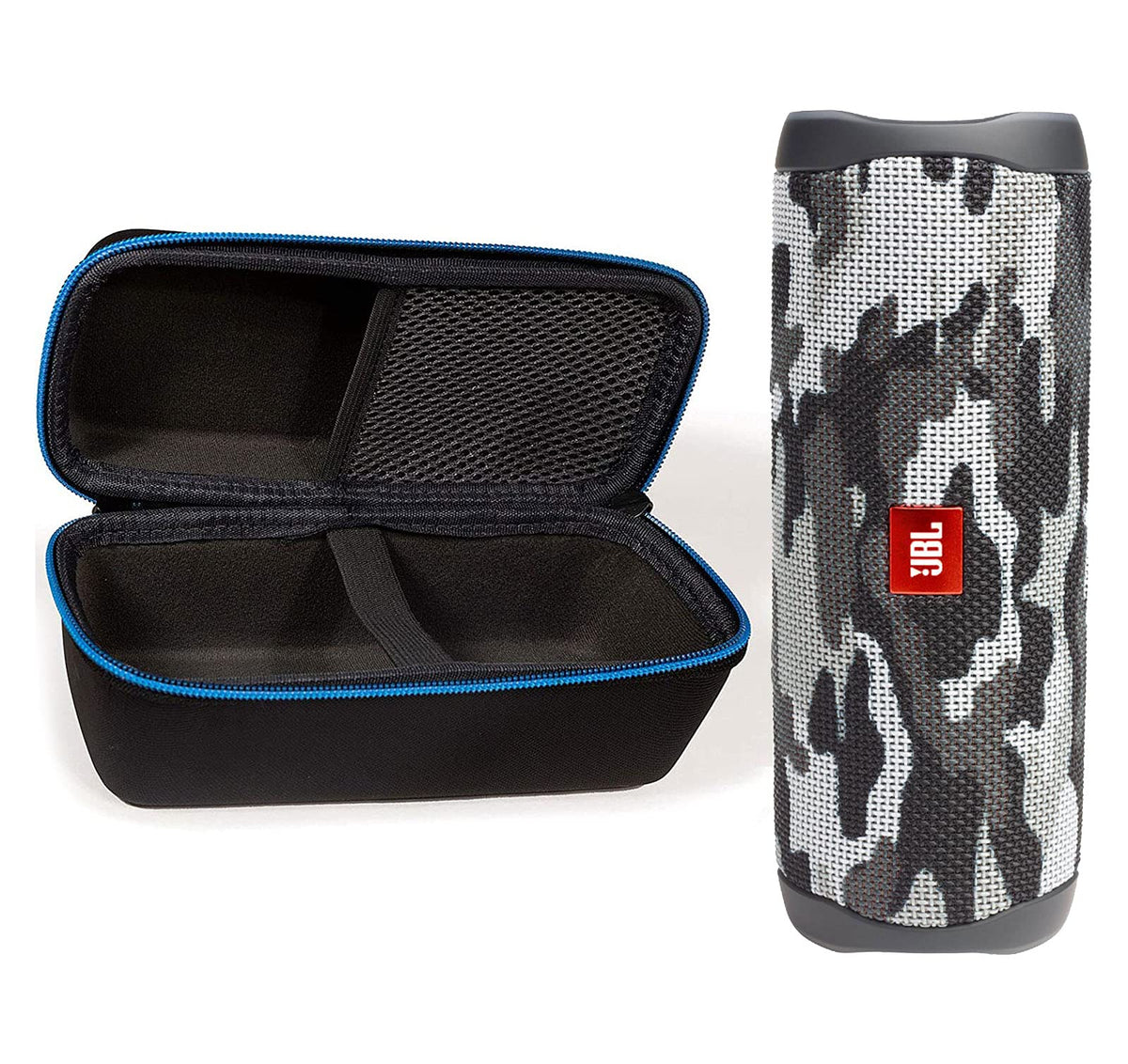 JBL Flip 5 Black Camo with bundle case front view, ideal for outdoor listening
