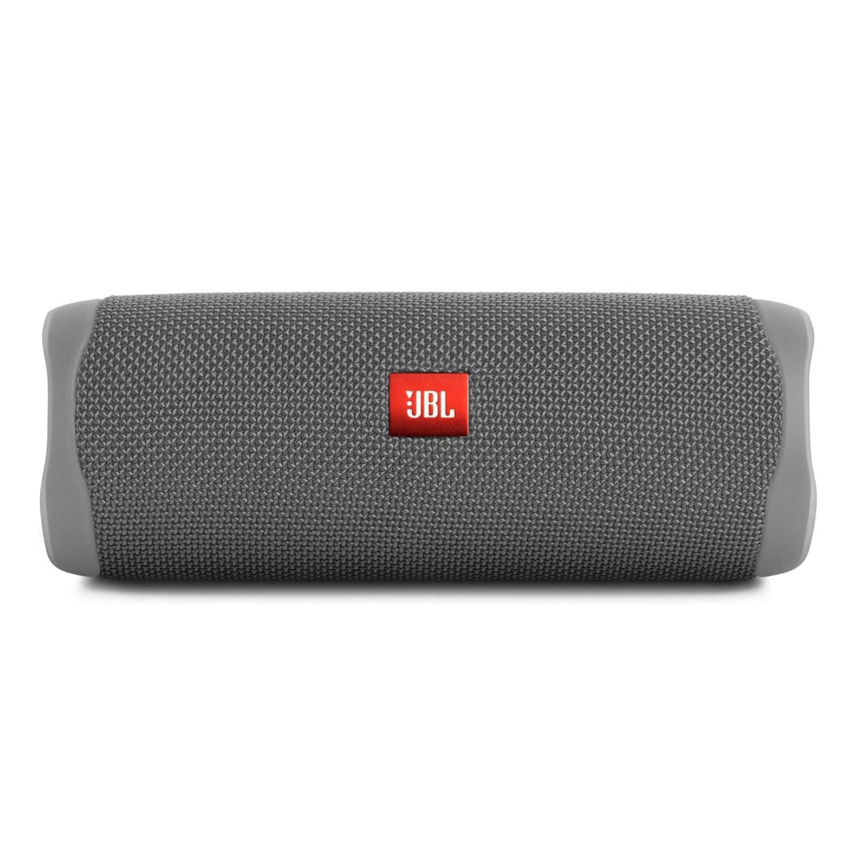 JBL Flip 5 front view in gray highlighting portable design for on-the-go listening.
