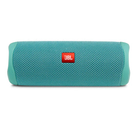 JBL Flip 5 teal front-angled view shows portable sound for travel.