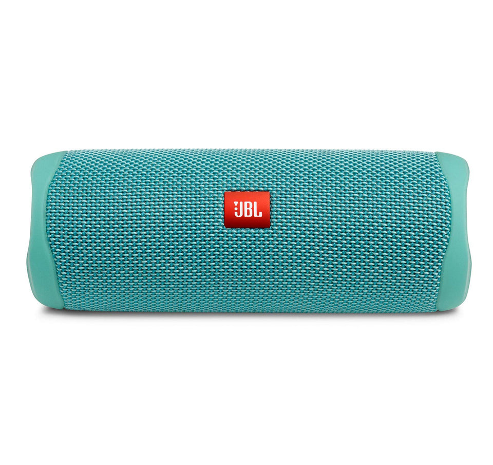JBL Flip 5 teal front-angled view shows portable sound for travel.
