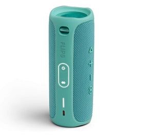JBL Flip 5 teal side view highlights rugged outdoor-friendly design.