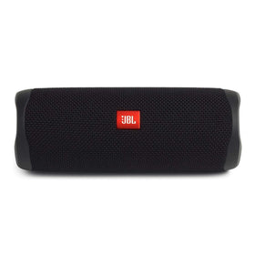 JBL Flip 5 waterproof portable speaker in black, front view for outdoor listening.