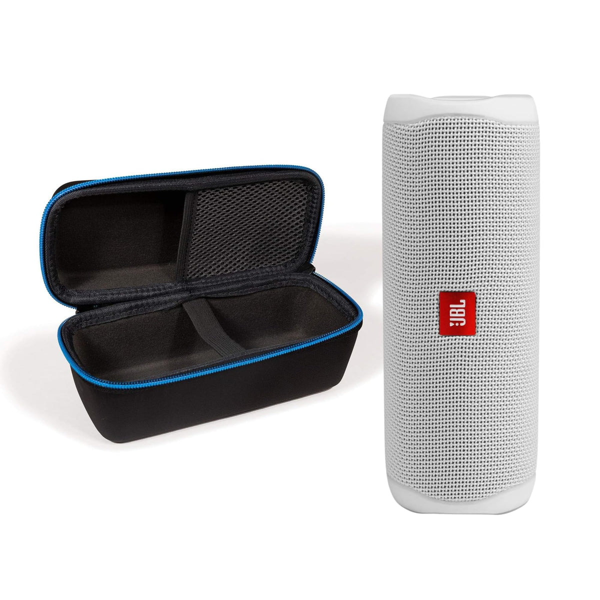 JBL Flip 5 white front view highlighting bold sound in a compact shell.