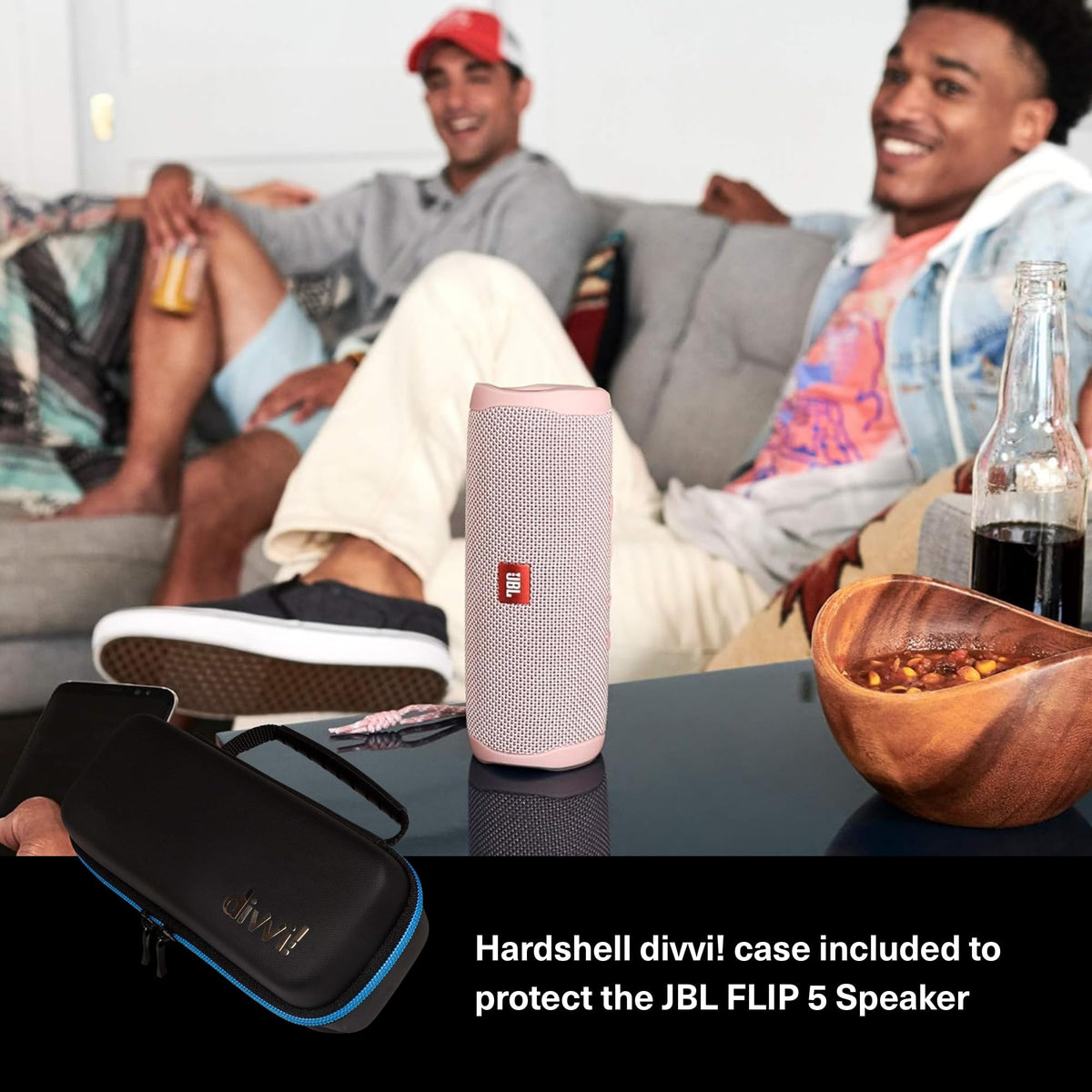 JBL Flip 5 white side view showing portable design for outdoor adventures.