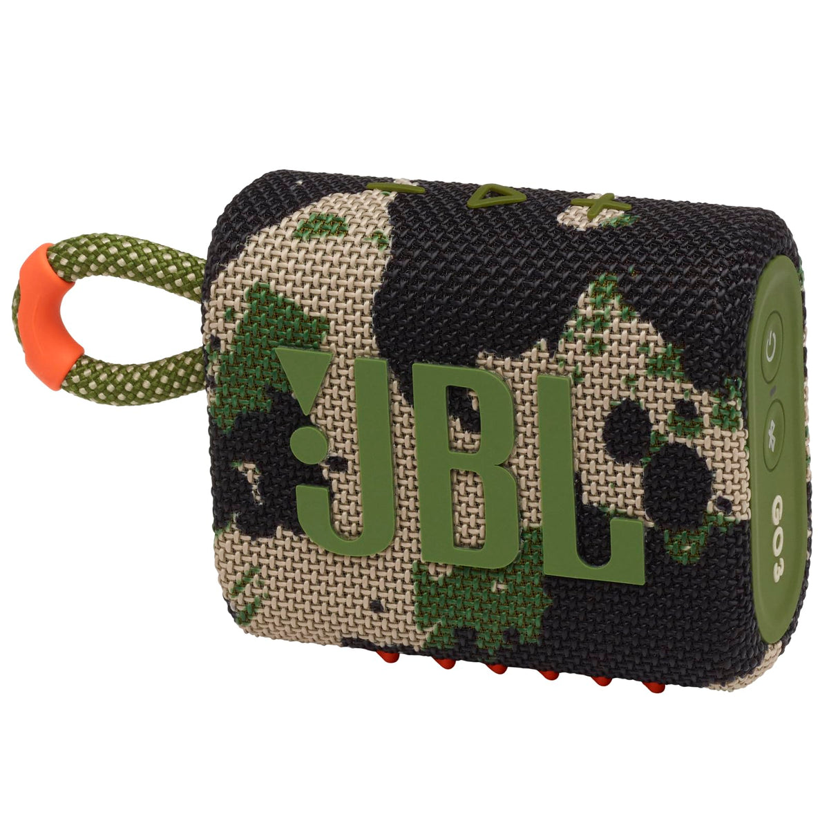 JBL Go 3 front view showing compact speaker and bold camo finish, clear sound on the go