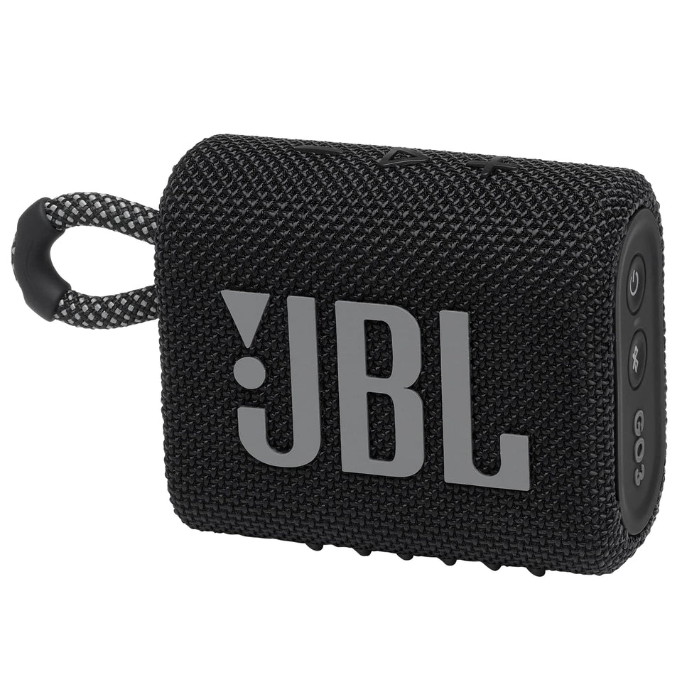 JBL Go 3 front view showing speaker grille and bold design benefit portability