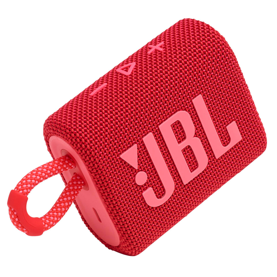 JBL Go 3 front view showing compact speaker and bold red finish, clear audio benefit