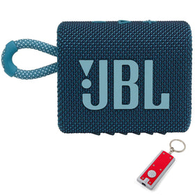 JBL Go 3 blue front view showing speaker grille and compact design benefit portability