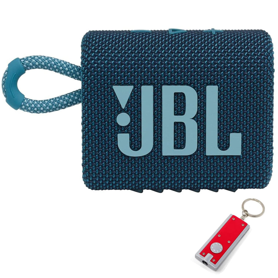 JBL Go 3 blue front view showing speaker grille and compact design benefit portability