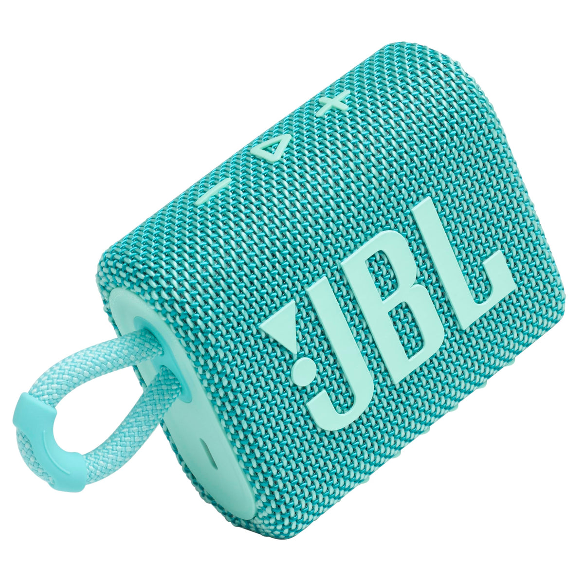 JBL Go 3 front view showing teal grille and compact speaker, great portable sound