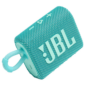JBL Go 3 front view showing teal grille and compact speaker, great portable sound