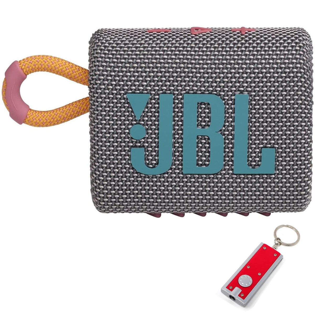 JBL Go 3 front view gray showing compact speaker and speaker grille for clear portable sound