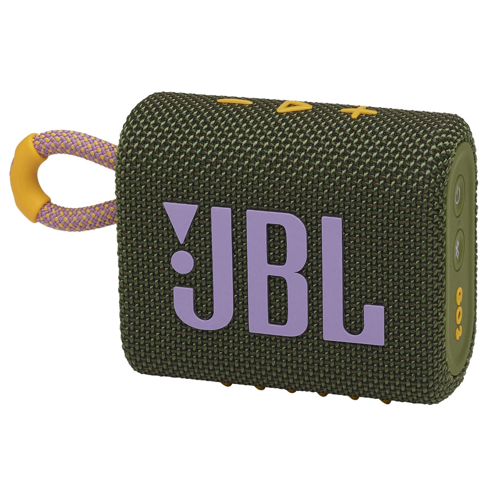 JBL Go 3 front view showing speaker grille and vibrant green color for portable sound