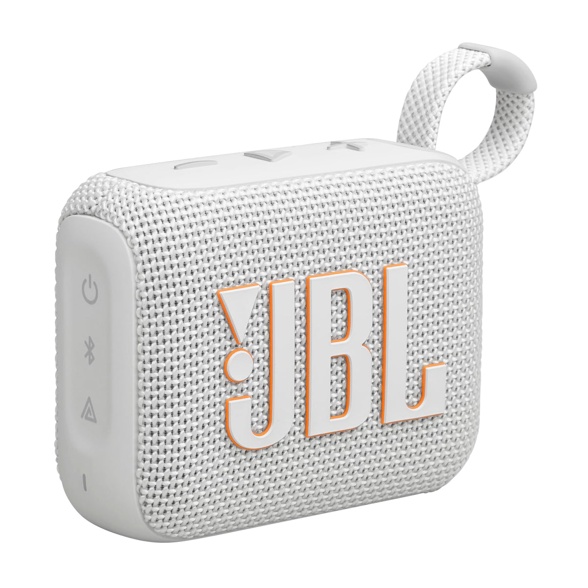 JBL Go 4 front view in white showing speaker grille and brand, clear sound portability