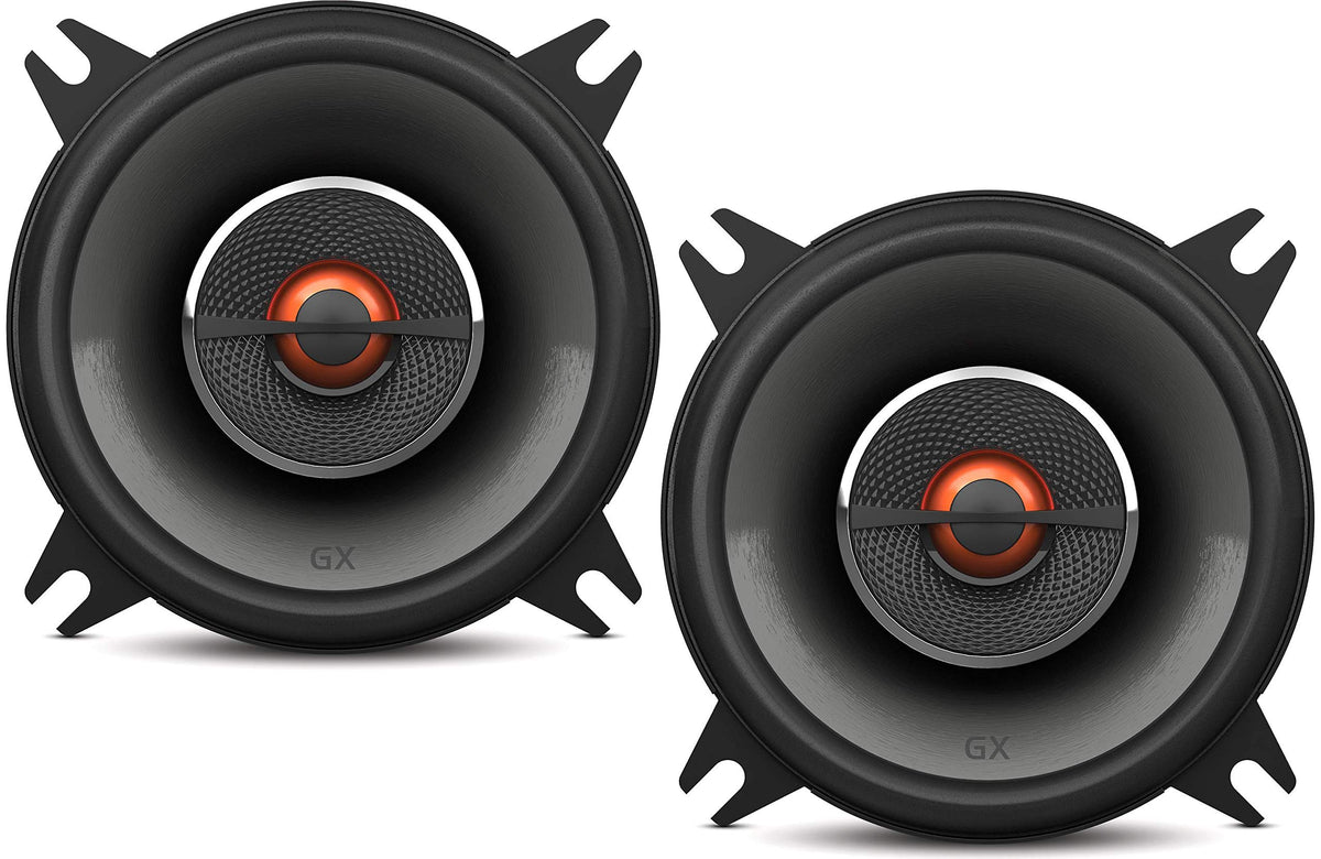 JBL GX402 4-inch coaxial speaker pair shows balanced mids for in-car listening.