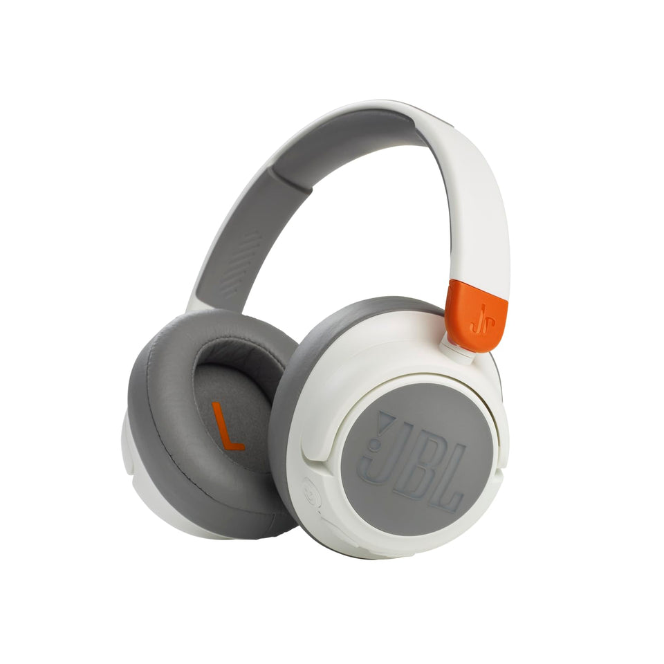 JBL JR 460NC front view in white showing compact kid fit and safe-design benefit