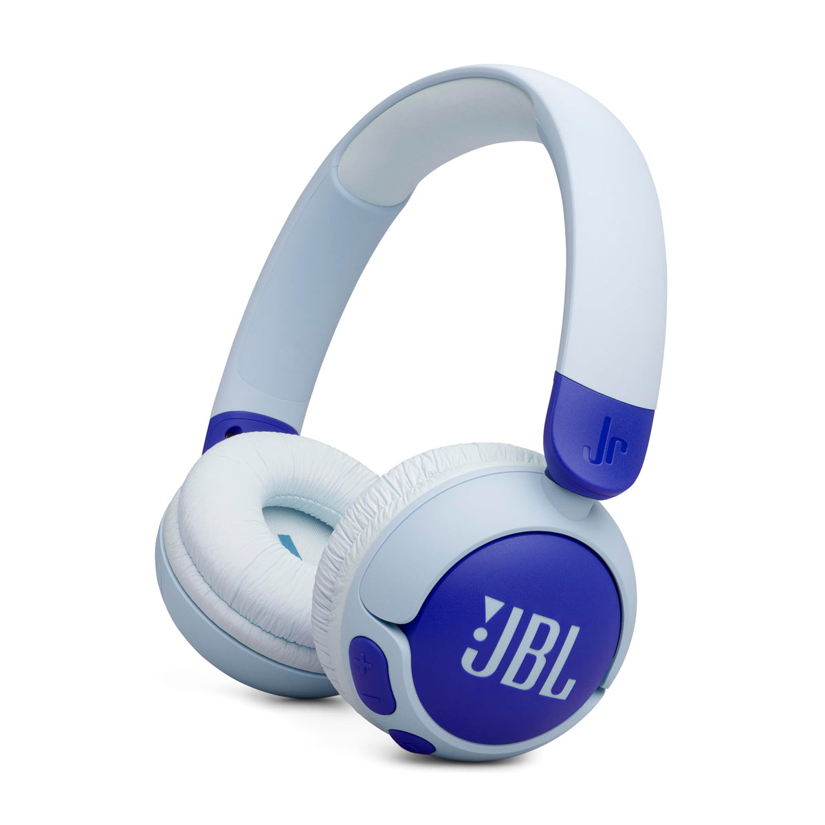 JBL Junior 320BT front view showing blue design and clear kid-friendly benefit