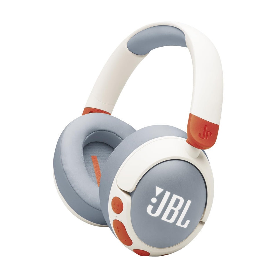 JBL Junior 470NC white headphones on a child for safe listening at controlled volume