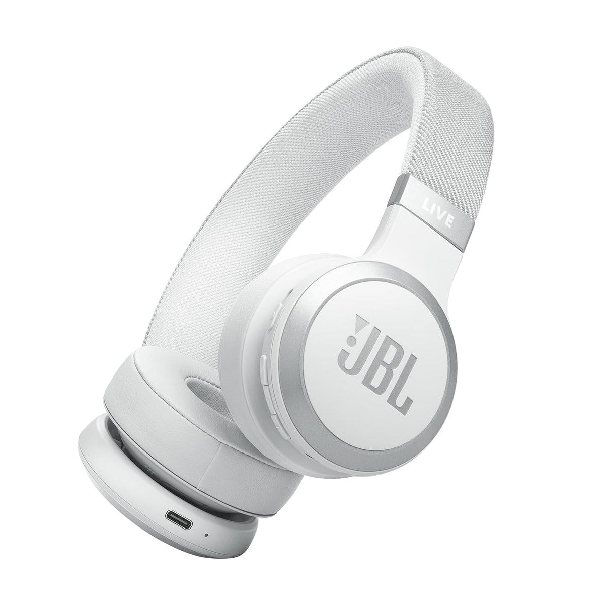 JBL Live 670NC white front view showing comfortable on-ear fit for long listening sessions.