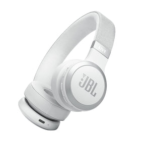 JBL Live 670NC white front view showing comfortable on-ear fit for long listening sessions.