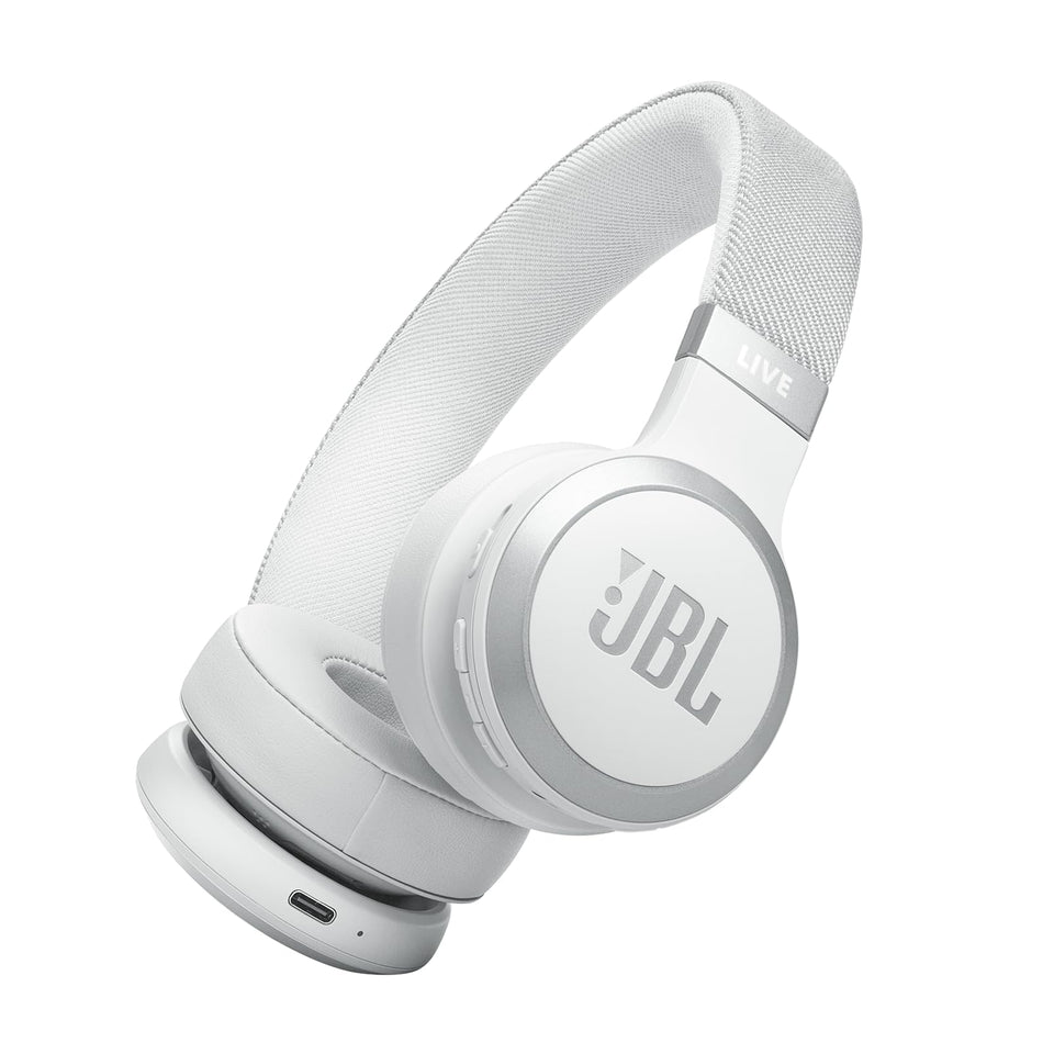 JBL Live 670NC white front view showing comfortable on-ear fit for long listening sessions.