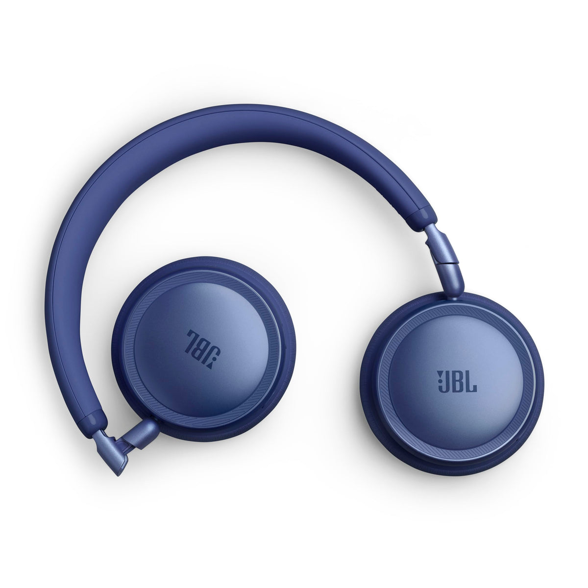 Folded JBL Live 680NC in blue showcasing portable travel-friendly form.