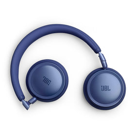Folded JBL Live 680NC in blue showcasing portable travel-friendly form.