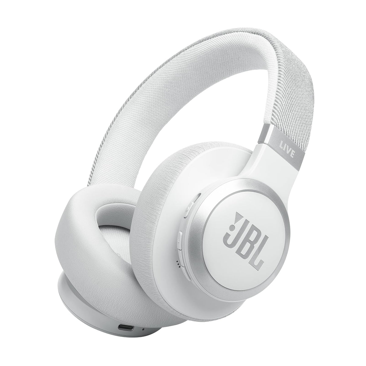 JBL Live 770NC headphones in white with balanced sound.