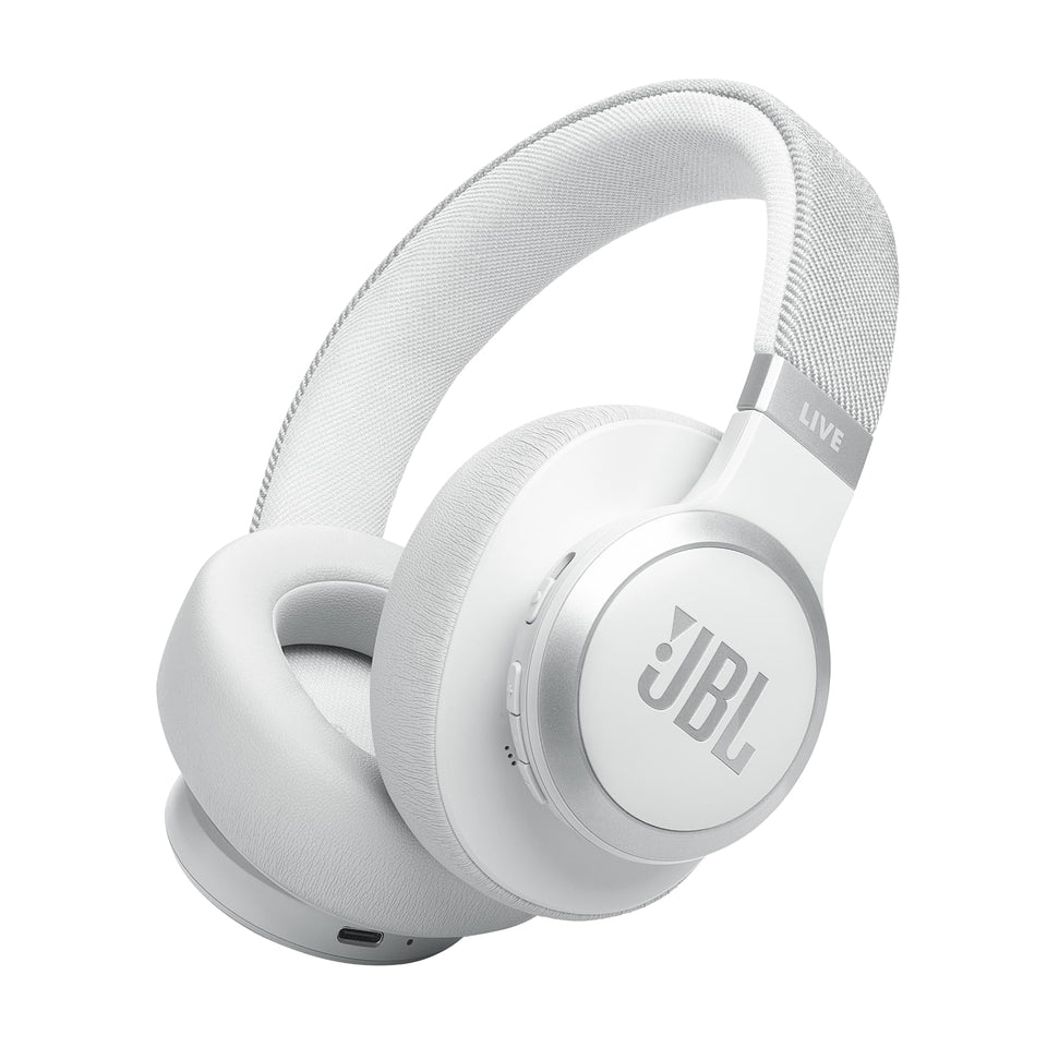 JBL Live 770NC headphones in white with balanced sound.