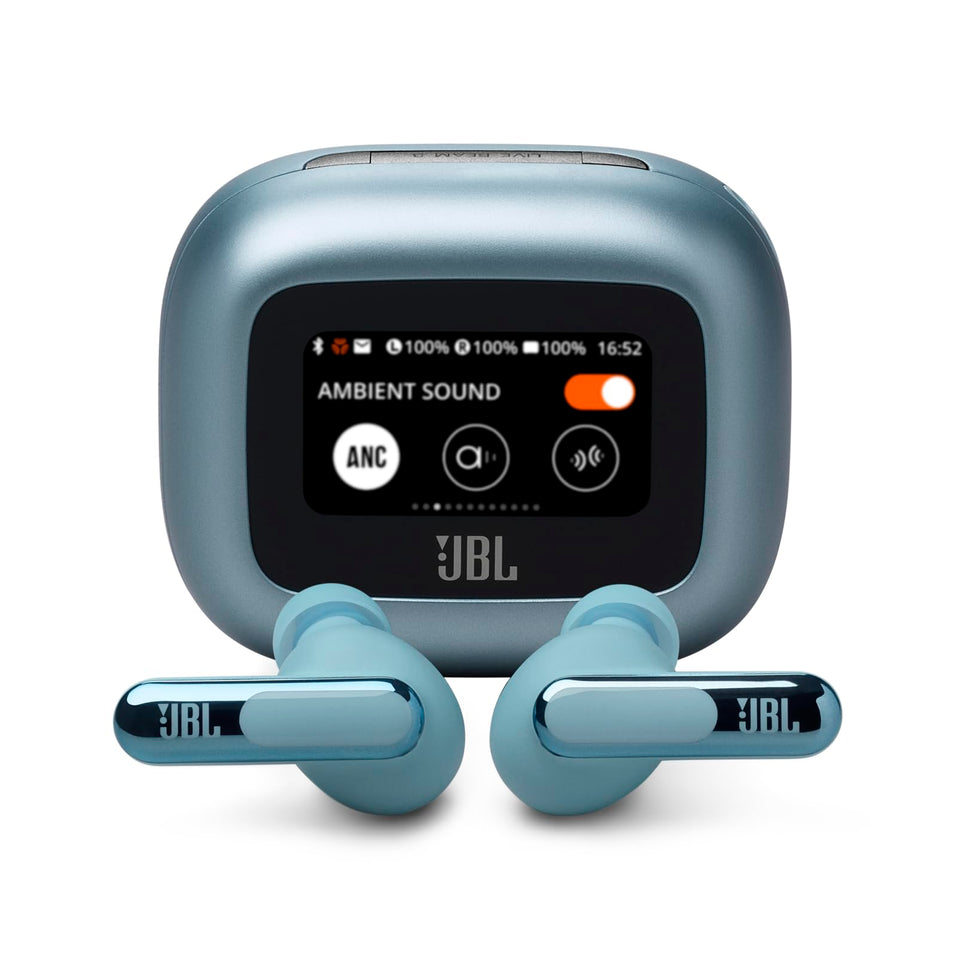 JBL Live Beam 3 buds close-up with rich bass and clear call quality.