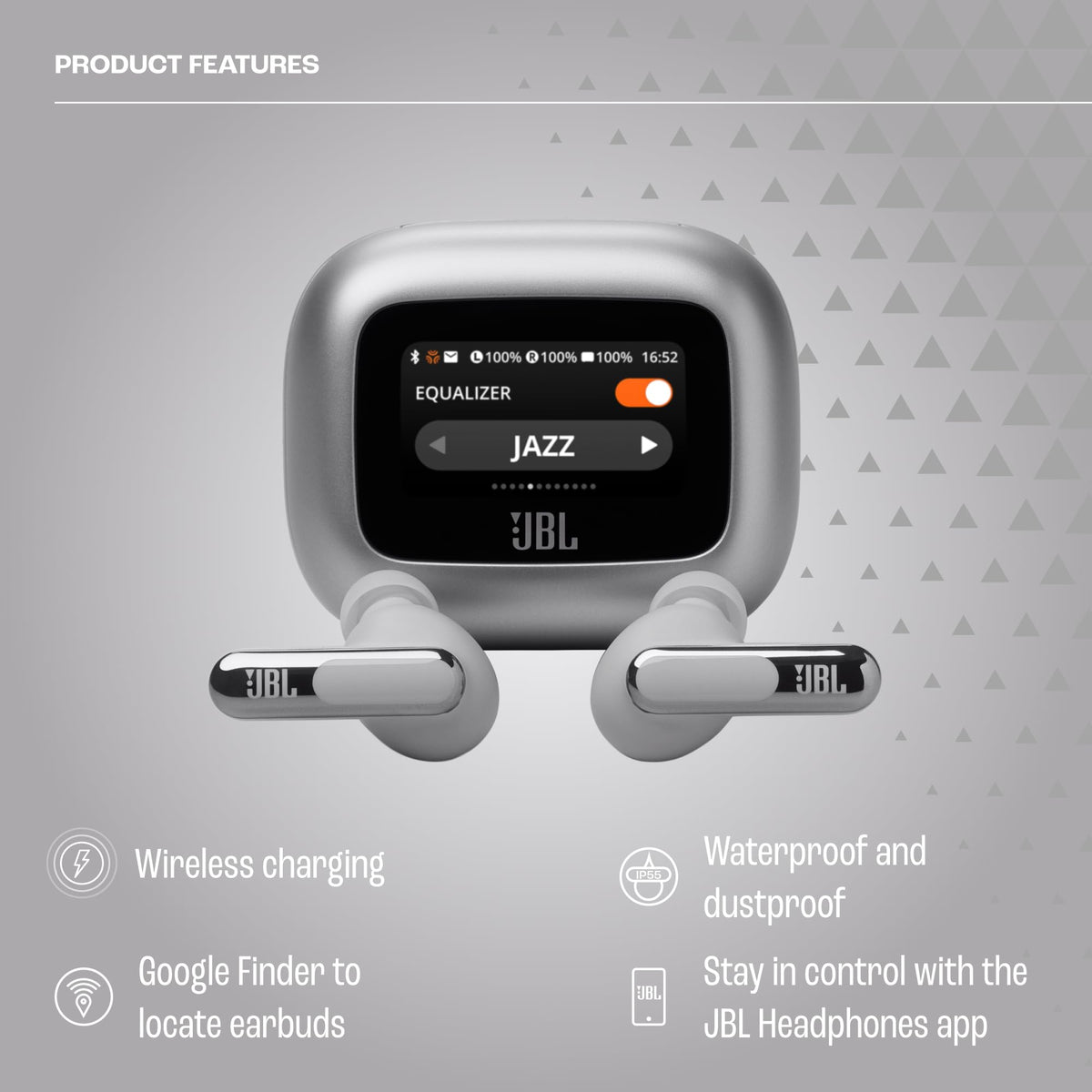 JBL Live Beam 3 earbuds in case silver, ready for compact travel charging
