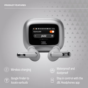 JBL Live Beam 3 earbuds in case silver, ready for compact travel charging
