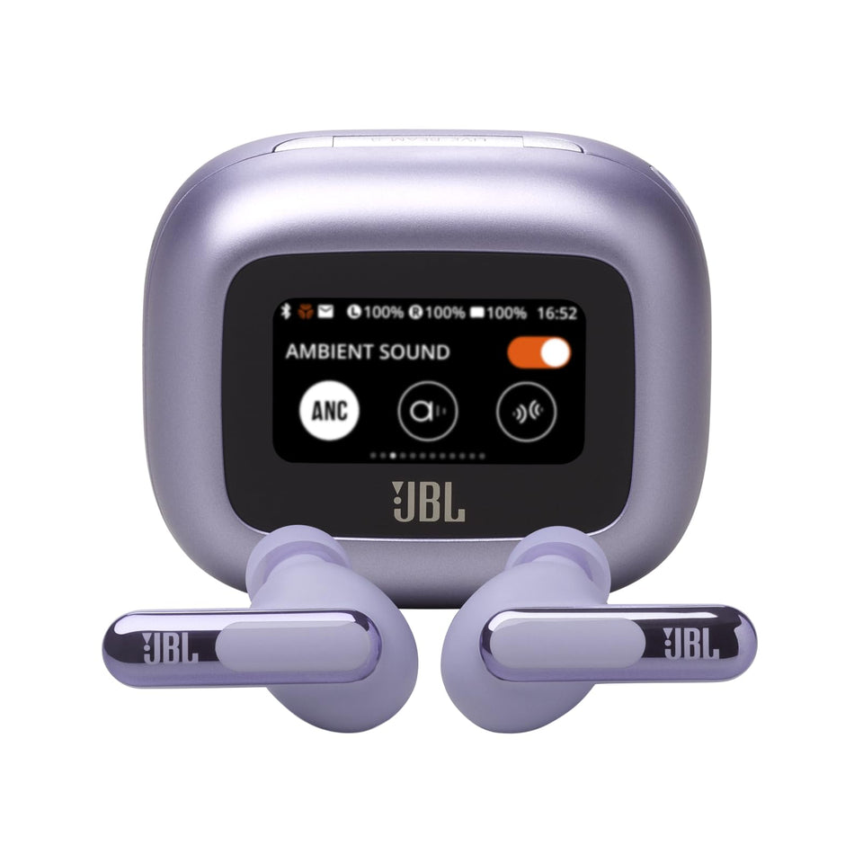JBL Live Beam 3 purple earbuds delivering rich bass and clear highs.