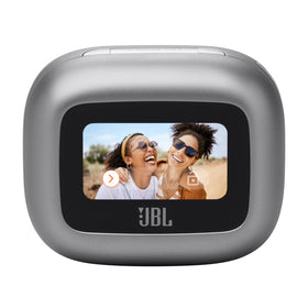 JBL Live Beam 3 silver earbuds close-up for stylish on-ear design and convenience
