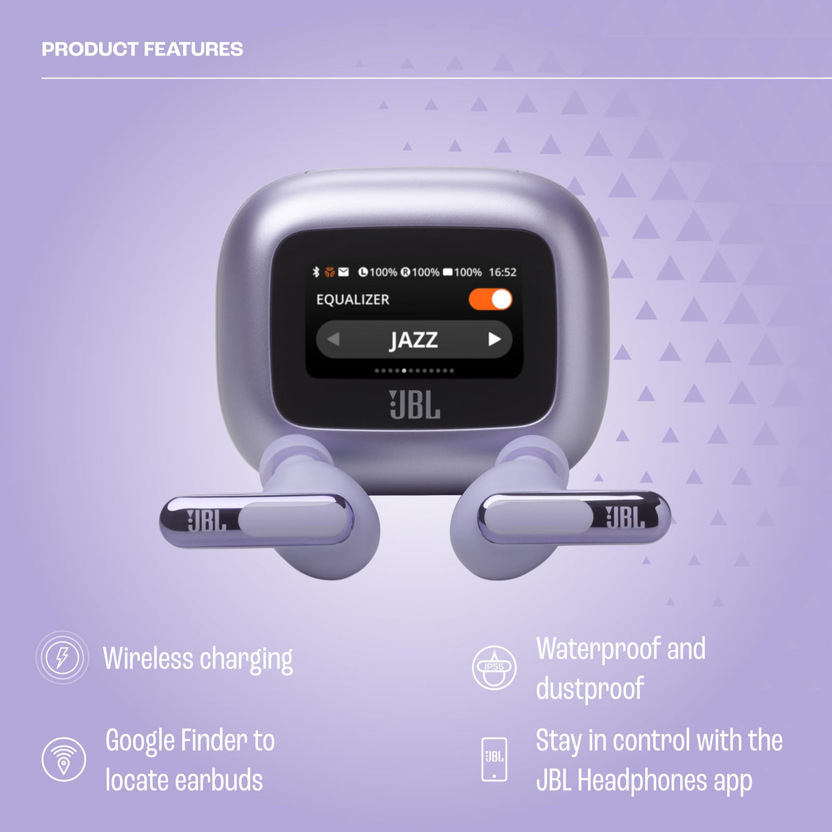 Smart Charging Case display enables app-free playback and volume control.
