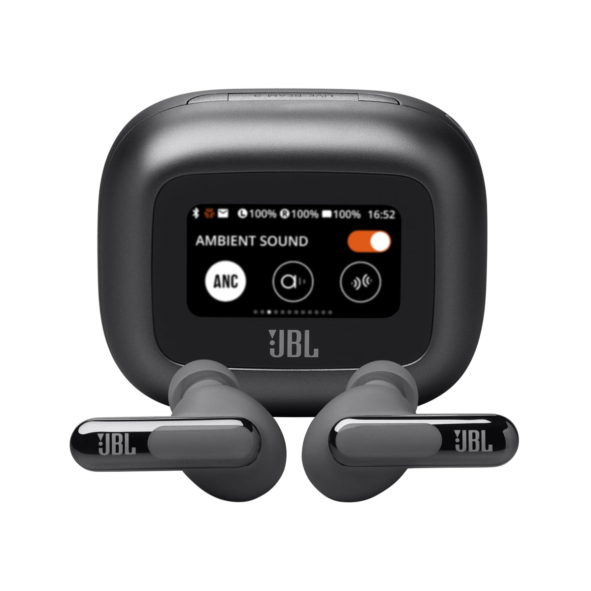 JBL Live Beam 3 case display for app-free control of volume and EQ.
