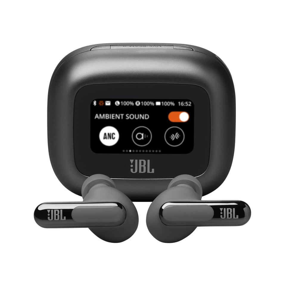 JBL Live Beam 3 case display for app-free control of volume and EQ.