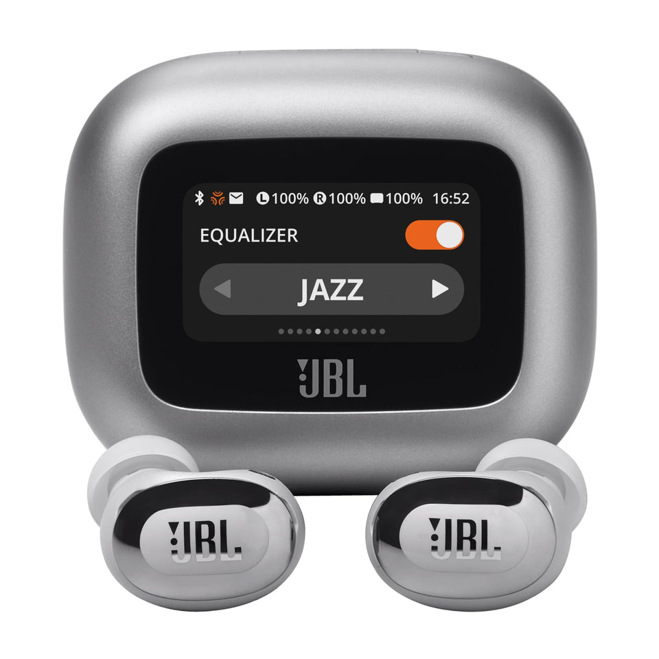 JBL Live Buds 3 case touchscreen enables on-the-go sound control.
